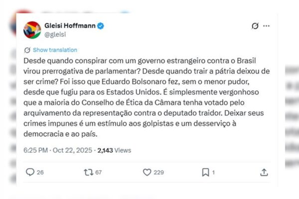 Imagem colorida de postagem da ministra Gleisi Hoffman