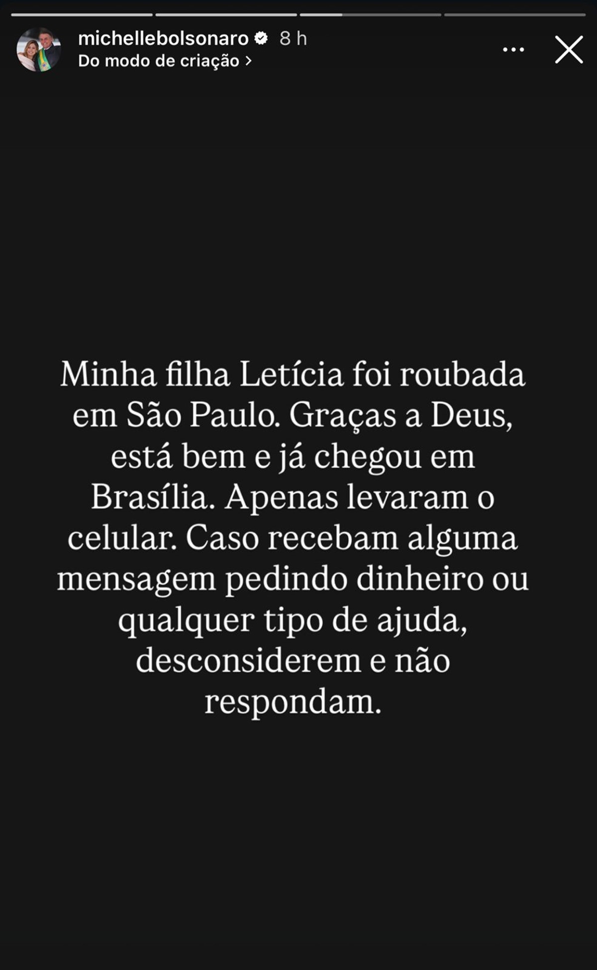 Publicação de Michelle Bolsonaro em Storie do Instagram