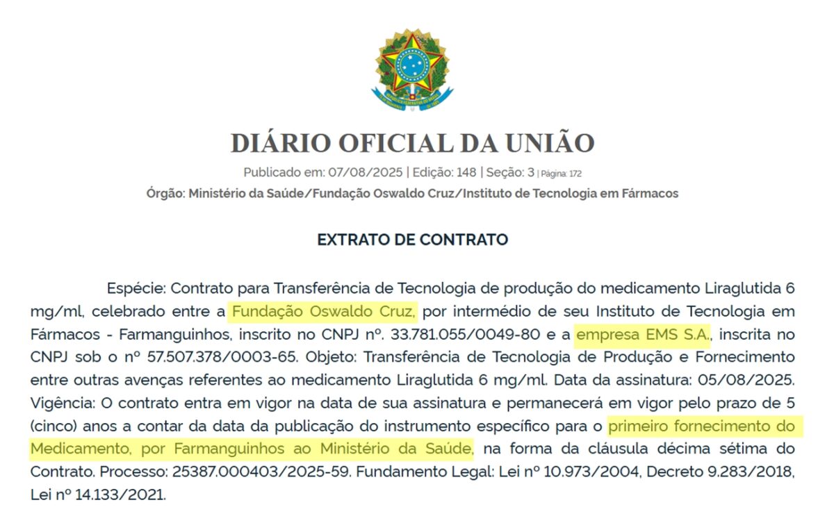 Extrato do Diário Oficial da União (DOU) sobre contrato firmado entre EMS e Farmanguinhos
