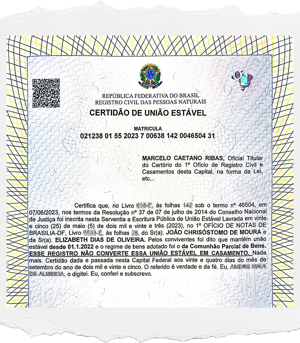 Trecho de certidão de união estável de Coronel Chrisóstomo e Elizabeth