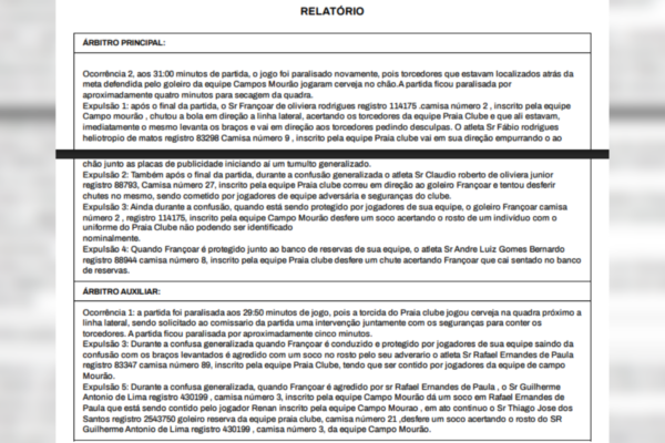 Súmula da partida entre Praia Clube x Campo Mourão pela Liga Nacional de Futsal