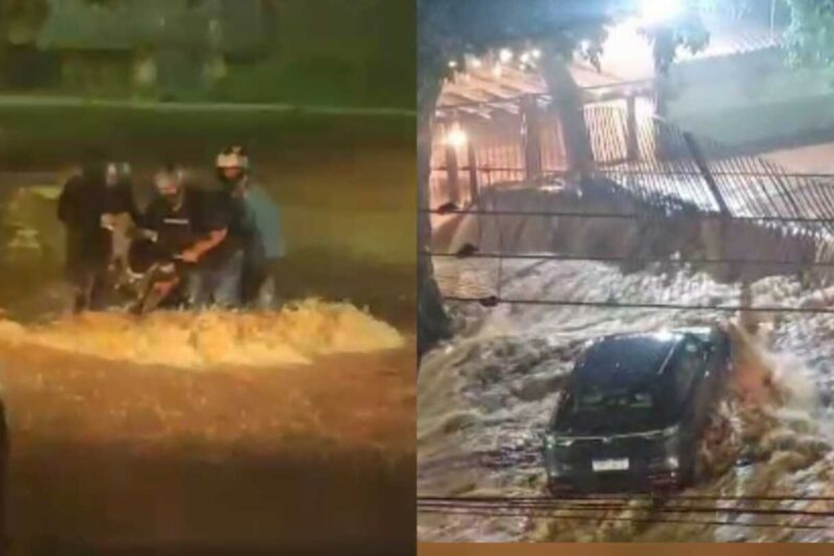 Temporal arrasta carros e motociclista é resgatado da enxurrada em MS