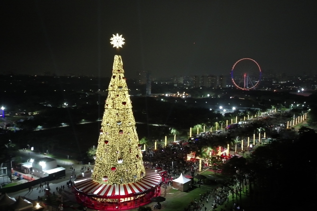Árvore de Natal gigante com reciclagem e carrossel é inaugurada em SP